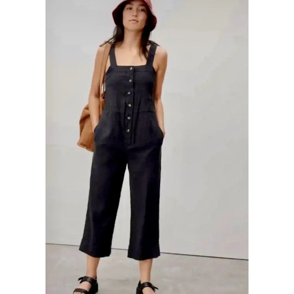 Everlane The Linen Button-Front Jumpsuit Size 4 Black Square Neck Wide Leg
